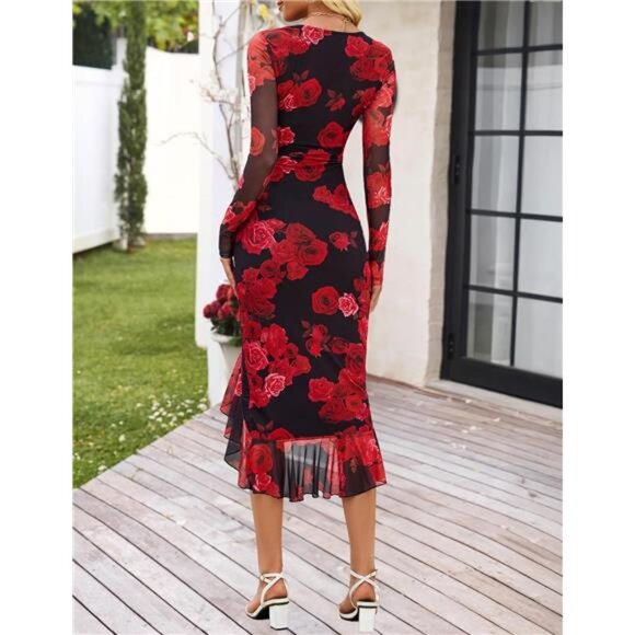 Women's Long Sleeve Fall Dress Bodycon Square Neck Mesh Cocktail Midi Dress - Picture 4 of 6